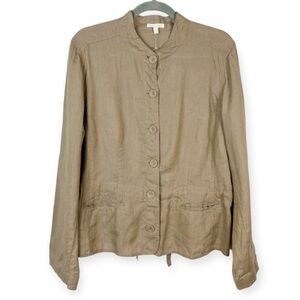 Eileen Fisher 100% Irish Linen Button Jacket Lightweight Back Tie Tan Large